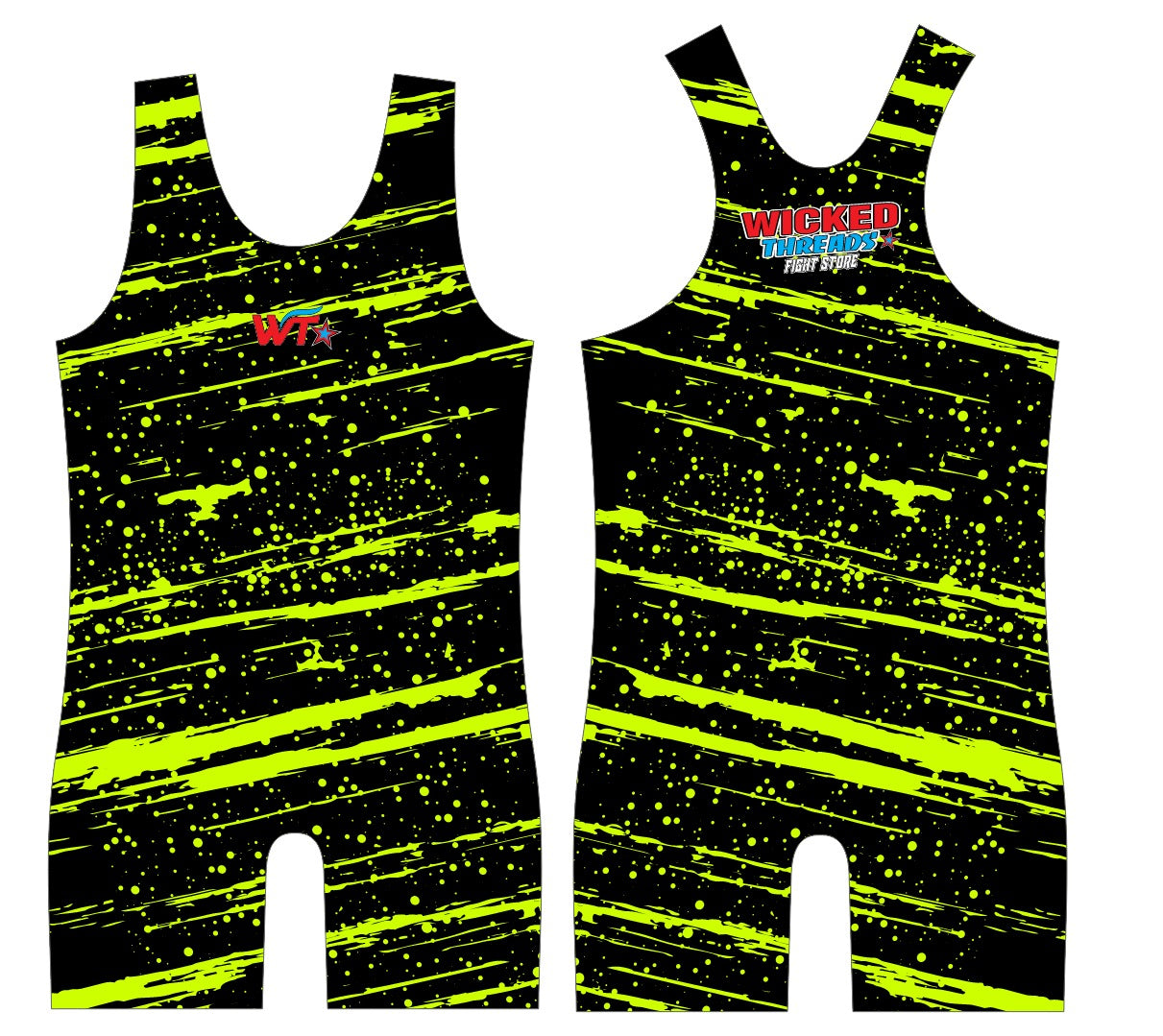 Wicked Threads “Neon Slash” Wrestling Singlet – Black & Yellow Splatter Design